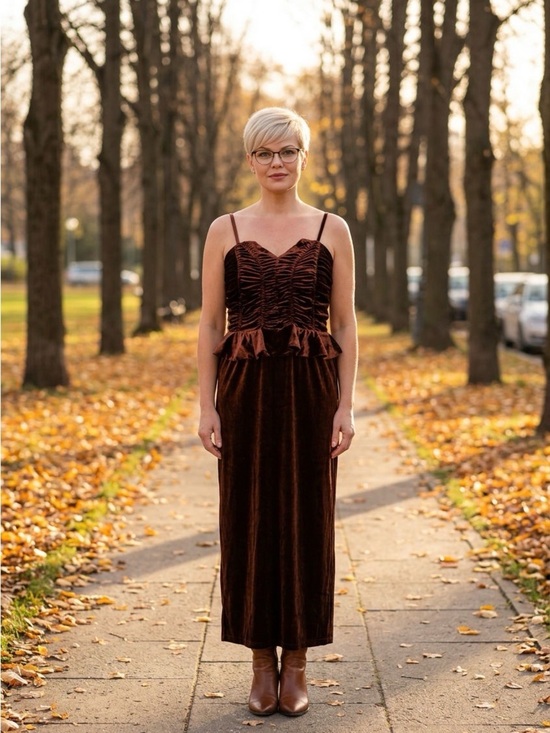 Unbranded Dresses & Skirts - 2202 - Ruched Velvet Peplum Maxi Dress in Deep Chocolate